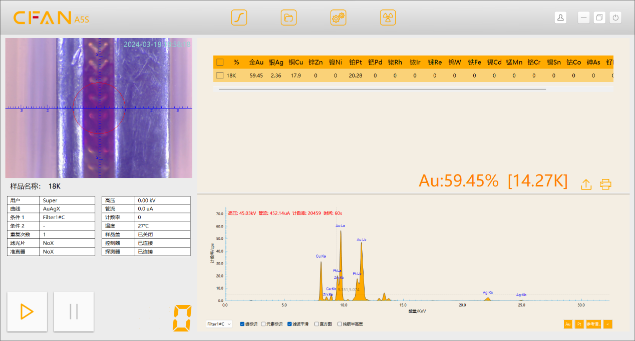使用大准直器（2mm）测试镶嵌的18K黄金区域谱图